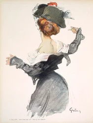 Karikatur einer Frau, die während des Ersten Weltkriegs einen hastigen Striptease aufführt, aus „La Baïonnette“, 1915